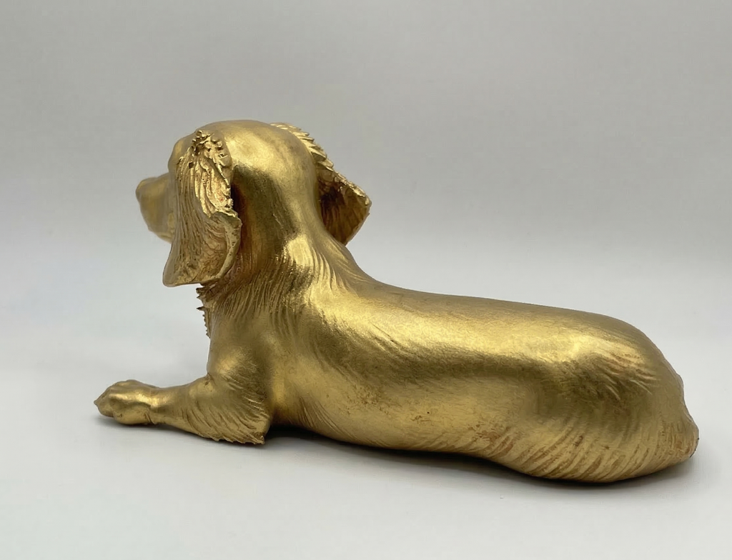 Gold dog figurine on a white background