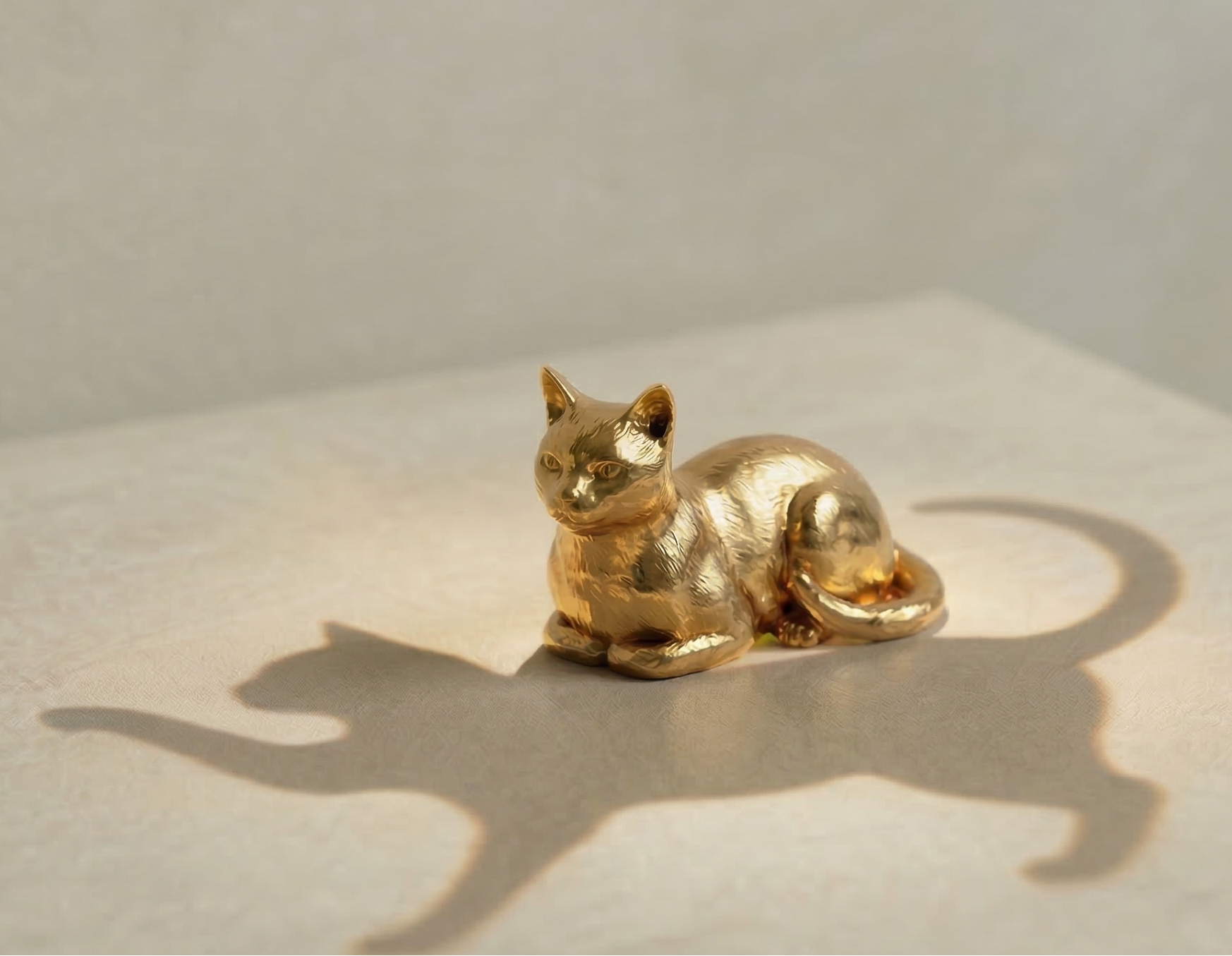 Gold cat figurine casting a shadow on a light surface